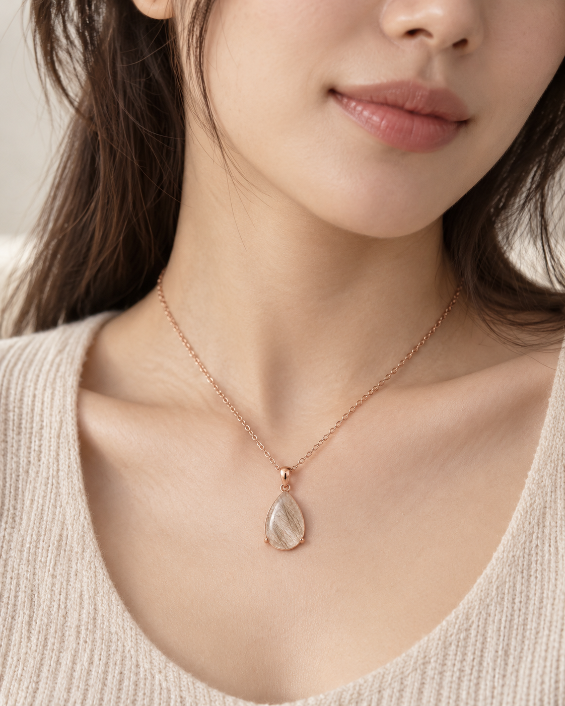 Model wearing the Toujours Always rose gold pet keepsake necklace