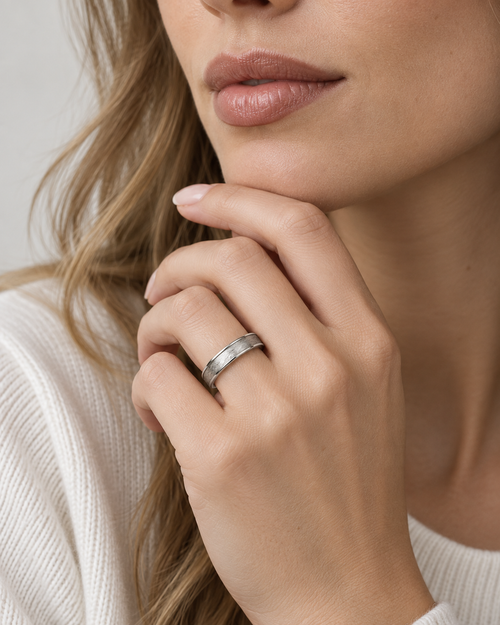 Model wearing the Toujours Belong silver pet keepsake ring