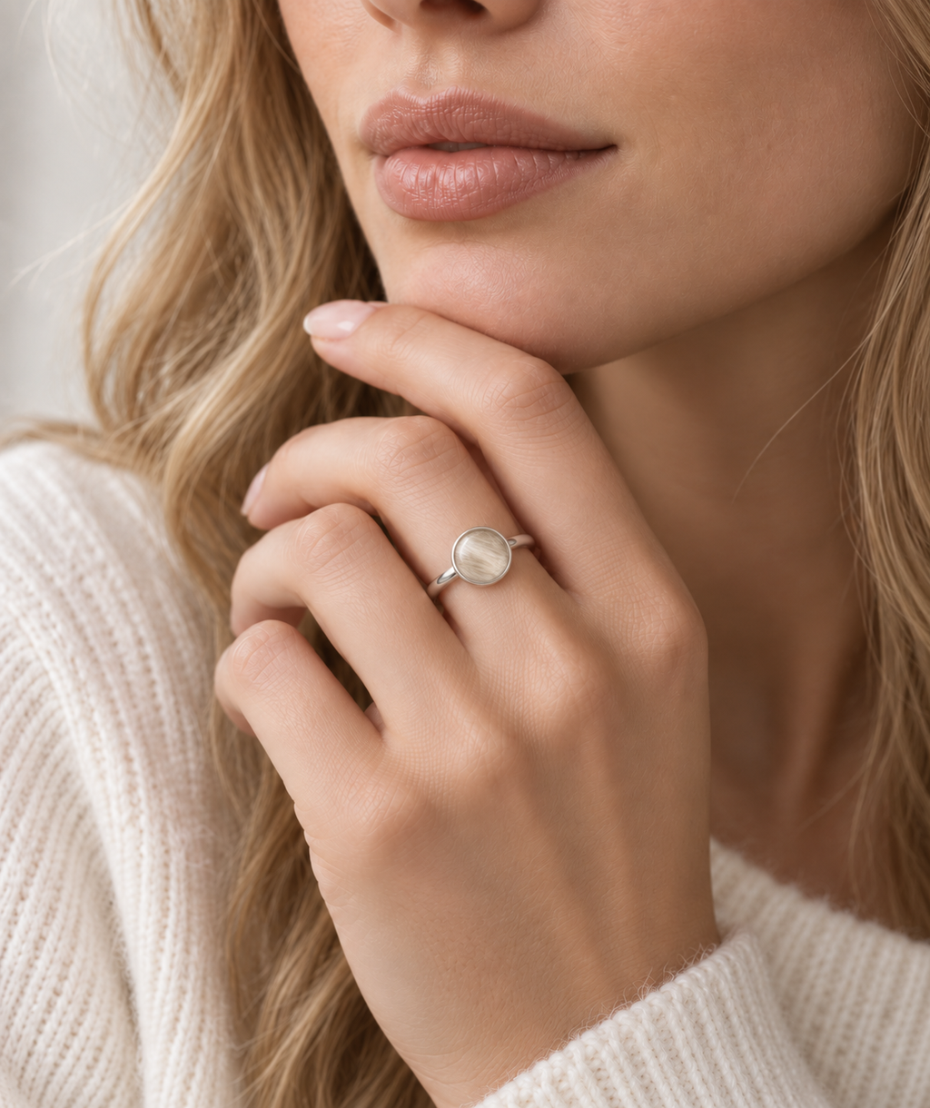 Model wearing the Toujours Boundless silver pet keepsake ring