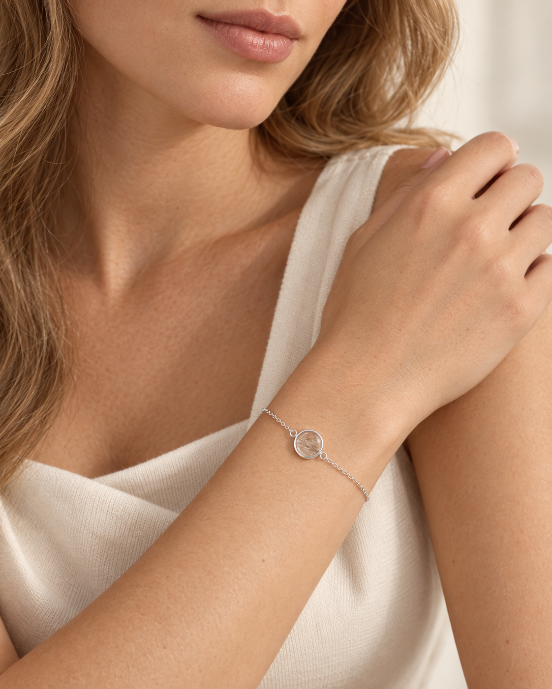 Model wearing the Toujours Devotion silver pet keepsake bracelet