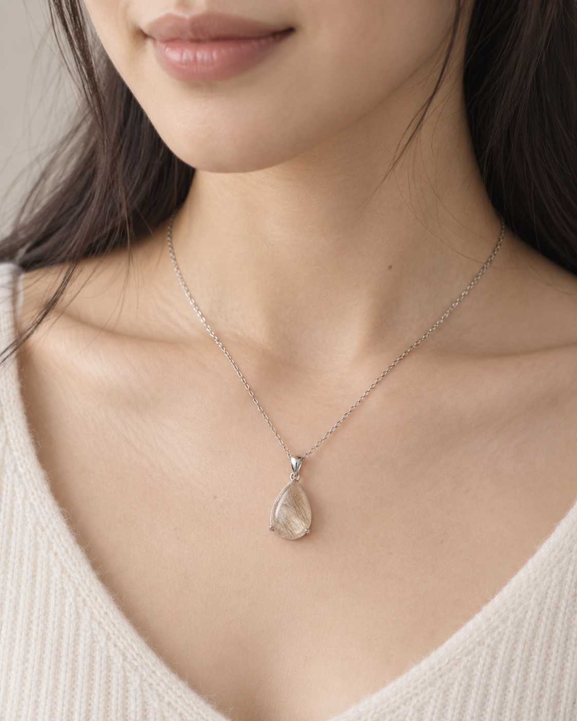 Model wearing the Toujours Serenity silver pet keepsake necklace