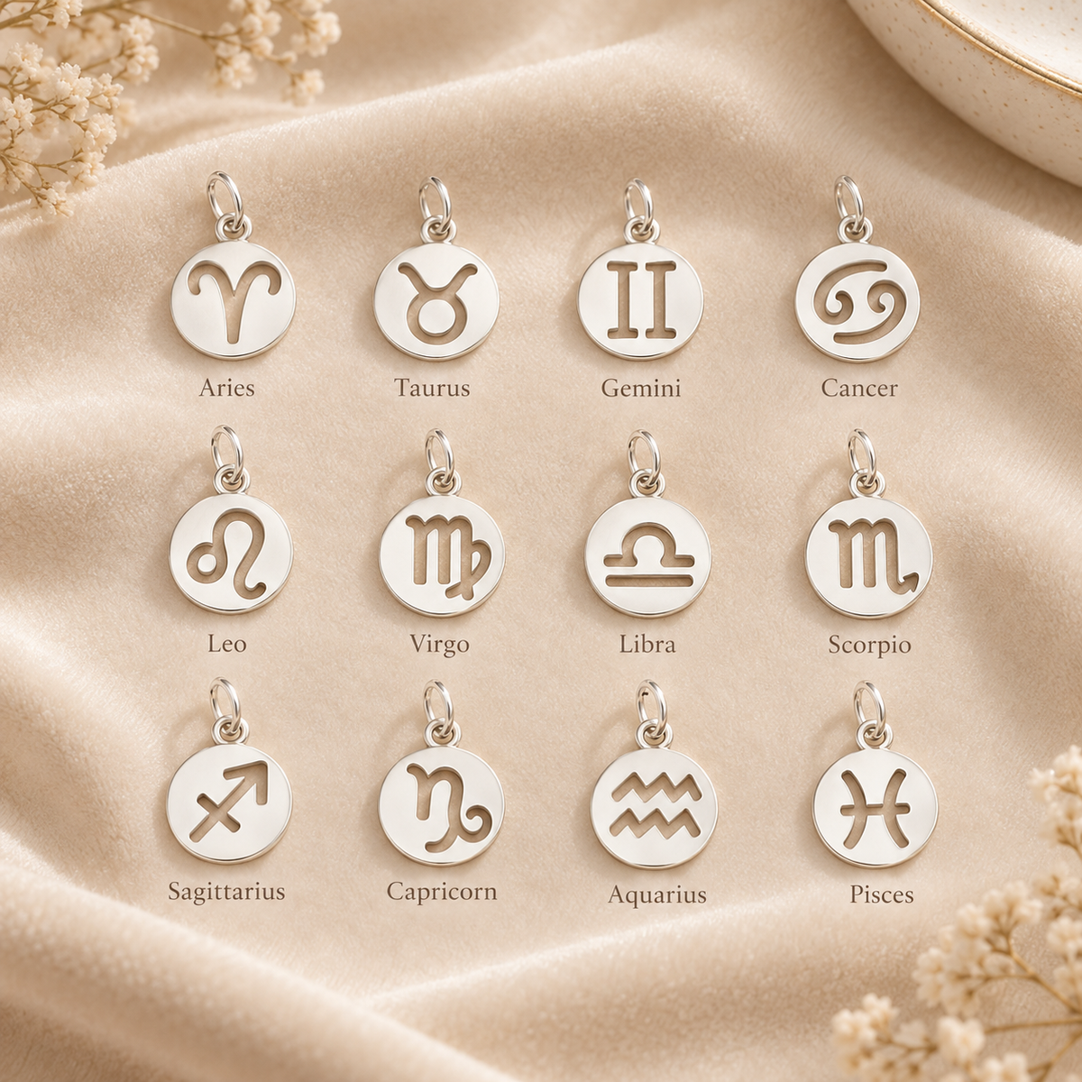 Detail view of the Toujours Zodiac Companion Charm silver pet keepsake charm with 9 × 12 mm centerpiece
